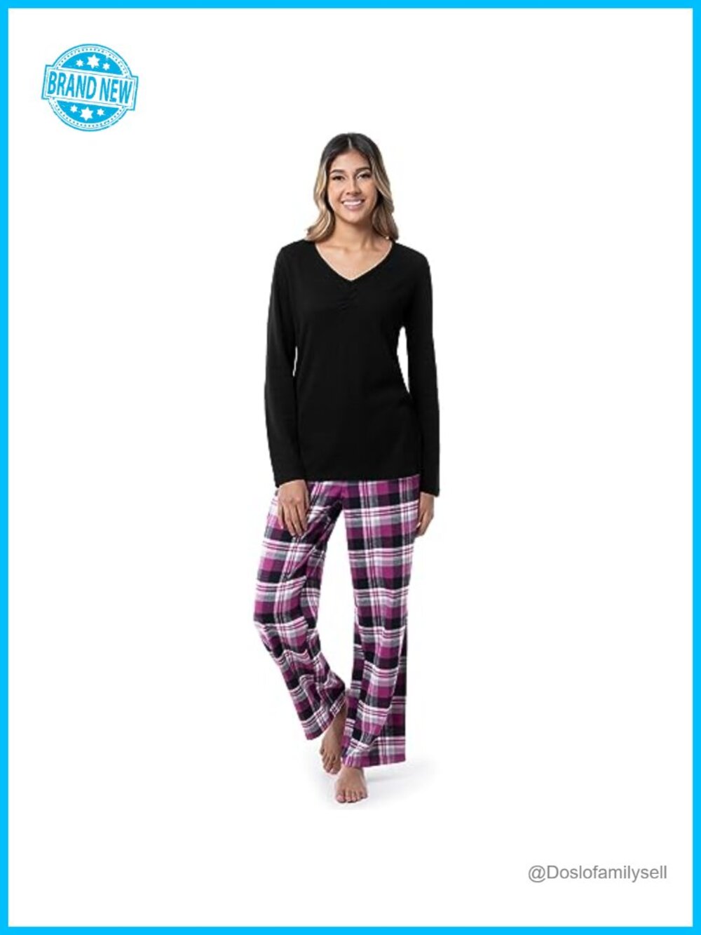 Waffle Knit V-Neck Top with Flannel Pajama Pants Set
